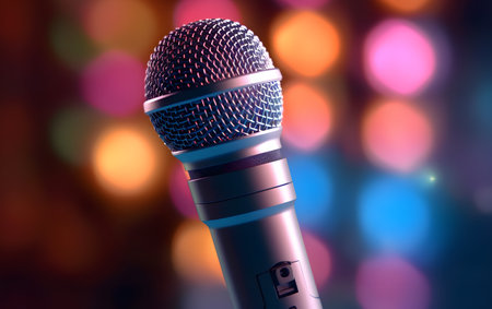 Microphone on stage with bokeh background. 3d renderingの素材