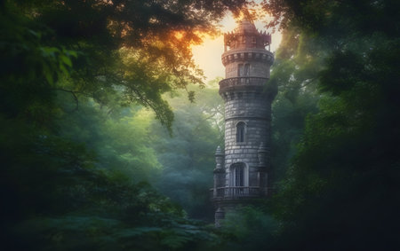 3d rendering of an ancient tower in a misty forest.の素材