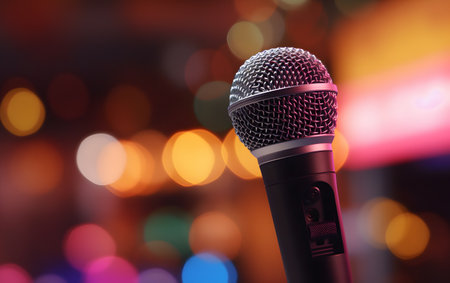 Microphone on stage with colorful bokeh background, close upの素材