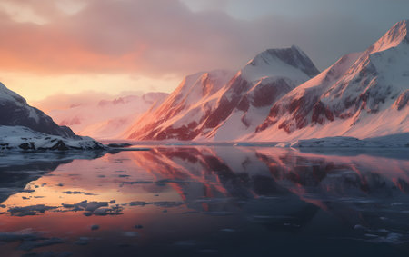 Beautiful winter landscape with mountains and lake. 3d render illustrationの素材