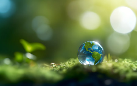 Ecology concept with glass globe on green moss and bokeh backgroundの素材