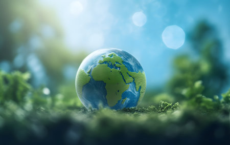Globe on green moss background. Earth day concept. 3D Renderingの素材