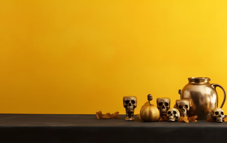 Halloween still life with skulls and pumpkins on a yellow backgroundの素材