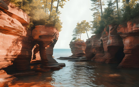 Red sandstone cliffs on the shores of Lake Superior, Michigan.の素材