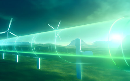 Green energy concept - wind turbines in field at night. 3D renderingの素材