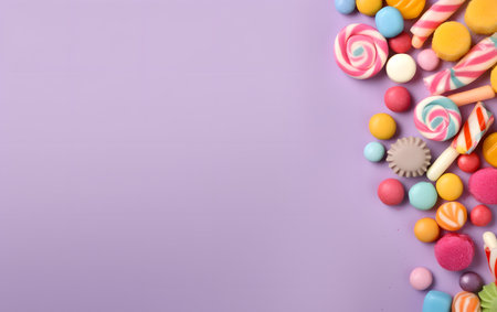 Colorful candies on purple background. Top view with copy spaceの素材