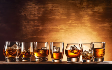 Glasses of scotch whiskey with ice cubes on wooden backgroundの素材