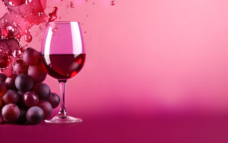 Glass of red wine with grapes and drops of water on pink backgroundの素材