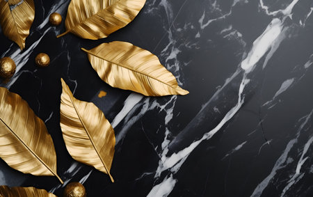 Golden leaves on black marble background. Flat lay, top view.の素材