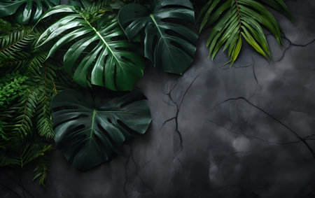 Tropical leaves on black background, flat lay. Space for textの素材