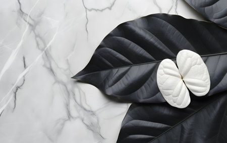 White spa stones on black and white marble background with copy space.の素材