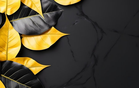 Black and yellow leaves on black marble background. Flat lay, top view.の素材