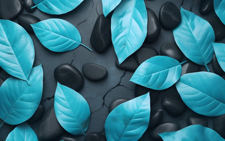 Blue leaves with black stones on gray background. Minimal nature concept.の素材