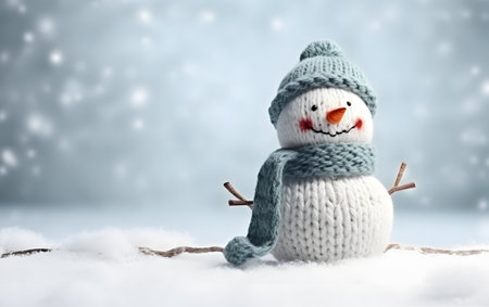 Snowman on snow with bokeh and snowflakes backgroundの素材