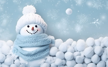 Snowman in a scarf and hat on a blue background with snowflakesの素材