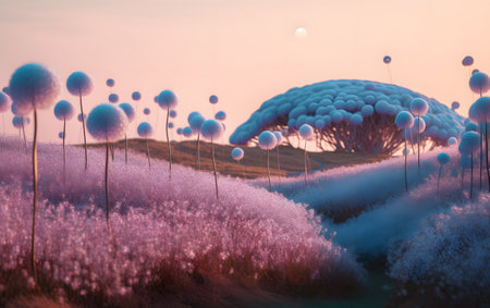 Fantasy landscape with dandelions in the field. 3d illustrationの素材