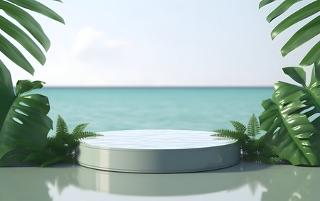 3d render of white podium with tropical leaves on the beach backgroundの素材