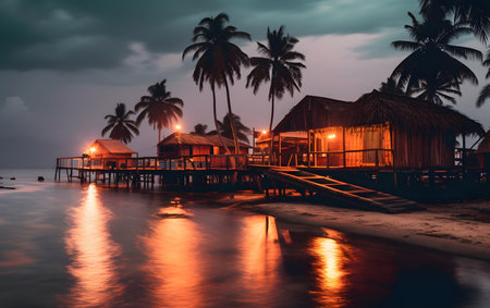 Wooden bungalows on the beach at night in the tropicsの素材
