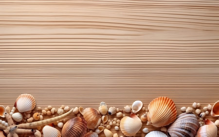 Seashells and sand on wooden background. Top view with copy spaceの素材