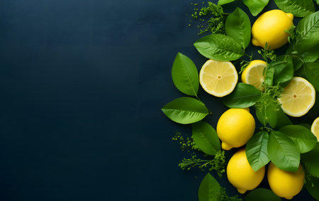 Fresh lemons with green leaves on black background. Top view with copy spaceの素材