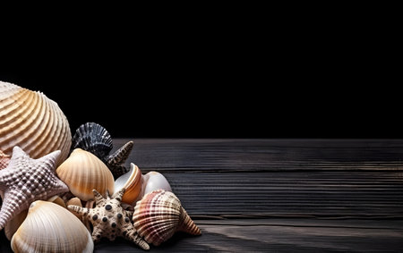 Seashells on black wooden background with space for your textの素材