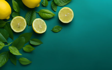 Fresh lemons with leaves on green background. Top view with copy spaceの素材