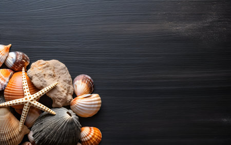 Seashells on black wooden background. Top view with copy spaceの素材