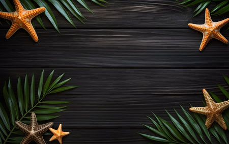 Starfish and palm leaves on black wooden background. Top view with copy spaceの素材
