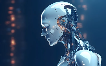3d rendering humanoid robot with circuit board in dark space, artificial intelligence conceptの素材