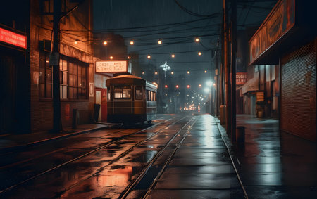 Vintage tram on the street at night in Istanbul, Turkey.の素材