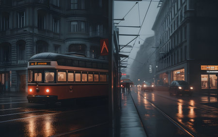 Tram through the streets of the city in the rain. 3d renderingの素材