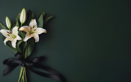 Beautiful lily flowers with black ribbon on dark green background.の素材