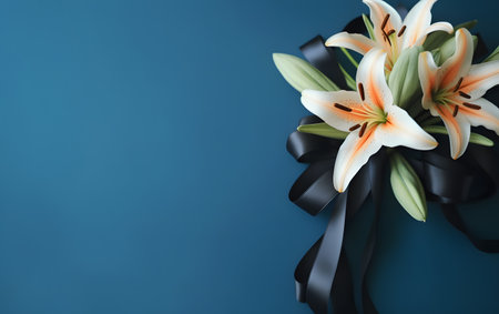 Bouquet of lily flowers and black ribbon on blue backgroundの素材