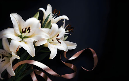 Beautiful white lily flowers on a dark background with a ribbonの素材