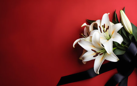 Bouquet of white lilies with black ribbon on red backgroundの素材