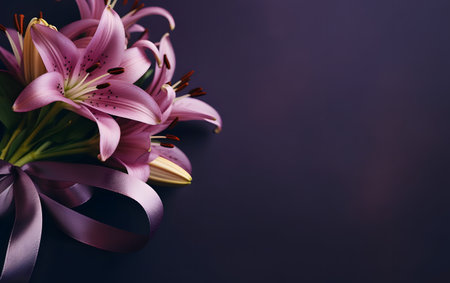 bouquet of pink lilies on a dark background with copy spaceの素材