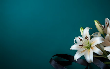 White lily flowers with black ribbon on green background. Copy-space.の素材