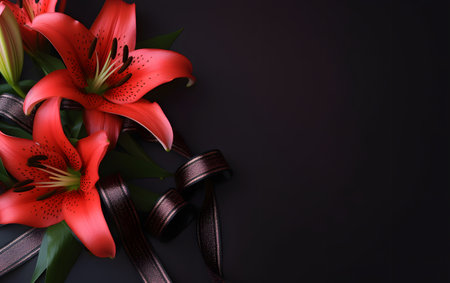 Bouquet of red lilies on a black background with copy spaceの素材