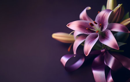 Beautiful bouquet of purple lilies on a dark background.の素材