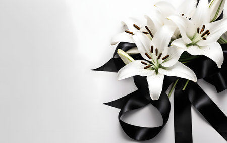 Beautiful white lily flowers with black ribbon on white background.の素材