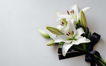White lily flowers with black ribbon on white background, top viewの素材