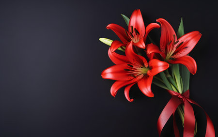Bouquet of red lilies on black background with copy spaceの素材