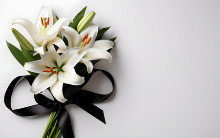 Bouquet of white lilies with black ribbon on white backgroundの素材
