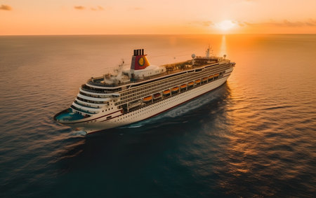 Cruise ship in the sea at sunset. 3d rendering.の素材