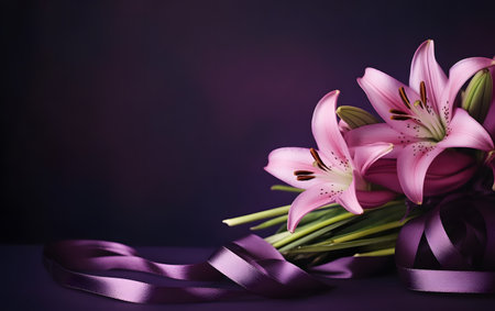 Bouquet of pink lilies with ribbon on purple background.の素材