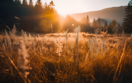 Sunset over a meadow in the Carpathian Mountains.の素材