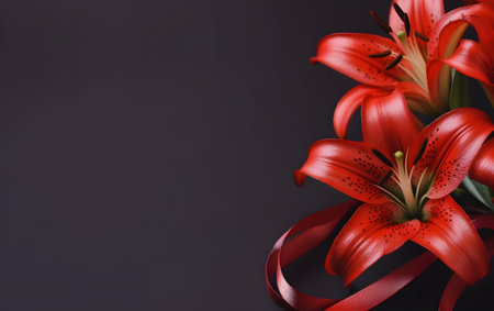 Beautiful red lily flowers on dark background. Space for textの素材