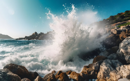 Waves crashing on the rocks on a sunny day in Sardiniaの素材