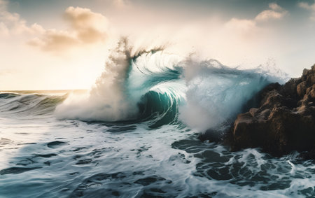 Surfing wave in ocean at sunset. Blue toned image.の素材