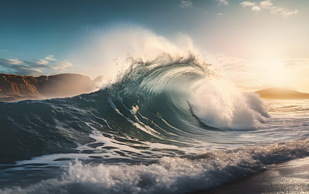 Surfing ocean wave at sunset. 3d rendering toned imageの素材
